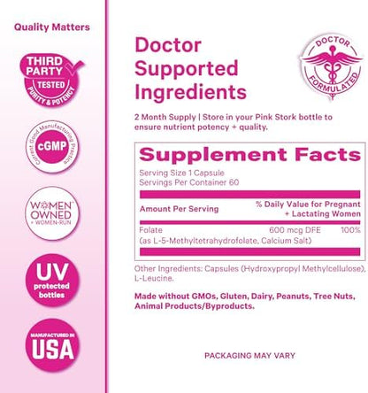 Pink Stork folate dietary supplement nutrition label