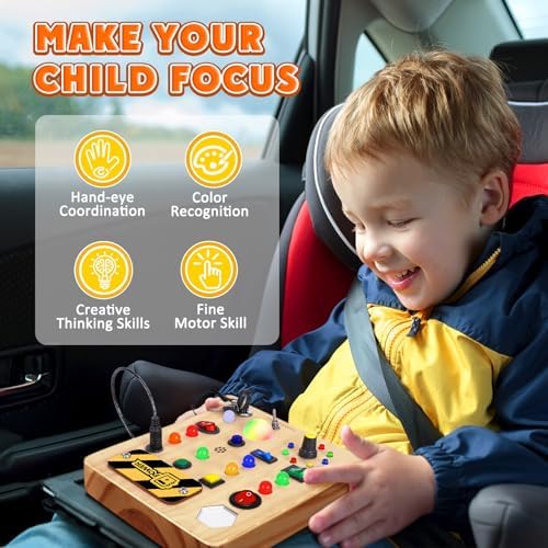 Toddler playing with an airplane travel educational learning autism sensory toy on a flat surface