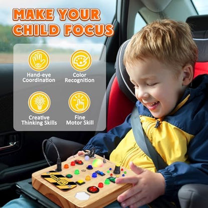 Toddler playing with an airplane travel educational learning autism sensory toy on a flat surface