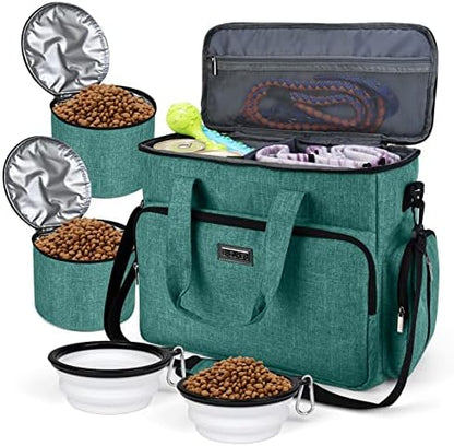 BAGLHER pet travel set showing two food storage containers and collapsible bowls