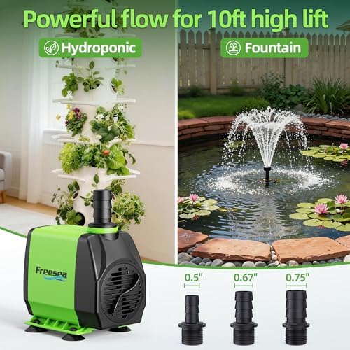 FREESEA forty-five watt pump showing the bottom suction cups for secure vertical or horizontal mounting.