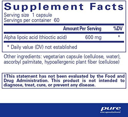Pure Encapsulations ALA 600 mg supplement facts label