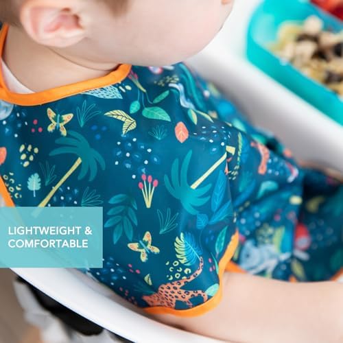 Bumkins jungle theme short sleeve kids bib spread flat showcasing full fabric width coverage