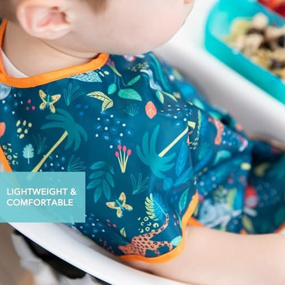 Bumkins jungle theme short sleeve kids bib spread flat showcasing full fabric width coverage