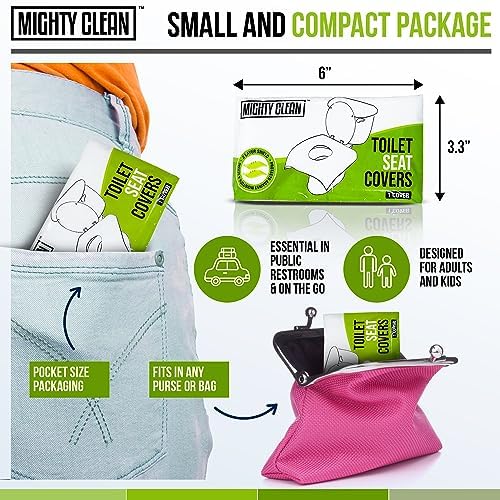 Individually wrapped pocket sized travel pack of the Mighty Clean sanitary toilet shields held next to a compact handbag.