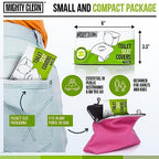 Individually wrapped pocket sized travel pack of the Mighty Clean sanitary toilet shields held next to a compact handbag.