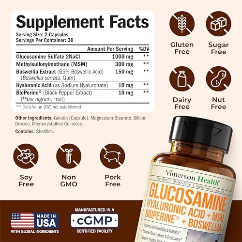 Glucosamine Sulfate with Hyaluronic Acid, Boswellia, Black Pepper & MSM Supplement – 5-in-1 Joint Supplements for Men and Women – Joint Health, Mobility & Bone Strength – FSA Eligible 60 Caps - Image 4