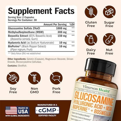 Glucosamine Sulfate with Hyaluronic Acid, Boswellia, Black Pepper & MSM Supplement – 5-in-1 Joint Supplements for Men and Women – Joint Health, Mobility & Bone Strength – FSA Eligible 60 Caps - Image 4