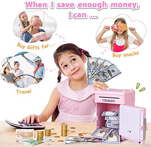 Pink electronic money safe for girls demonstrating how paper cash automatically rolls into the safe deposit box