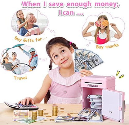 Pink electronic money safe for girls demonstrating how paper cash automatically rolls into the safe deposit box