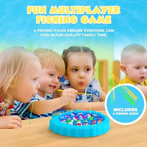 Children practicing hand eye coordination skills with interactive fishing toy
