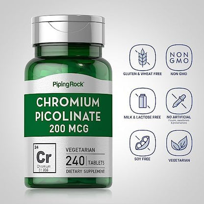Piping Rock high potency chromium supplement side label detailing standard serving size and dietary certifications