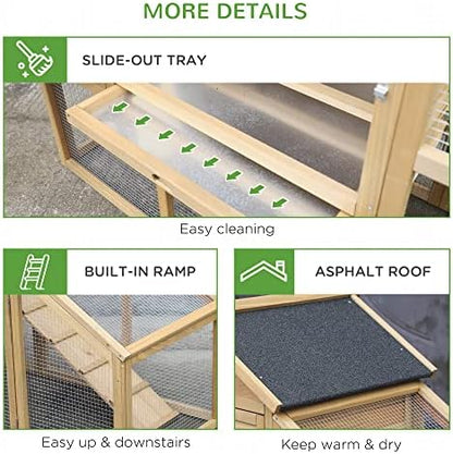 PawHut 69" Wooden Chicken Coop, Poultry Cage Hen House with Connecting Ramp, Removable Tray, Ventilated Window and Nesting Box, Natural - Image 7