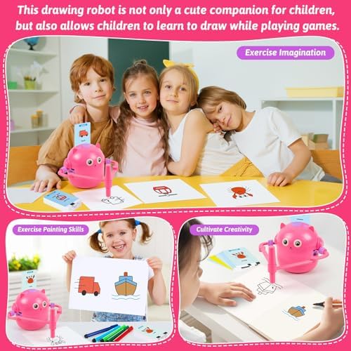 Smart educational doodle bot toy surrounded by sixteen vibrant color pens for kids art projects