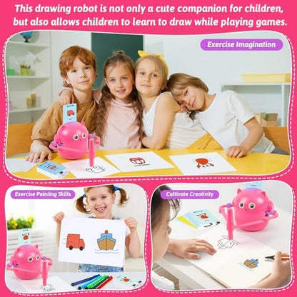Smart educational doodle bot toy surrounded by sixteen vibrant color pens for kids art projects