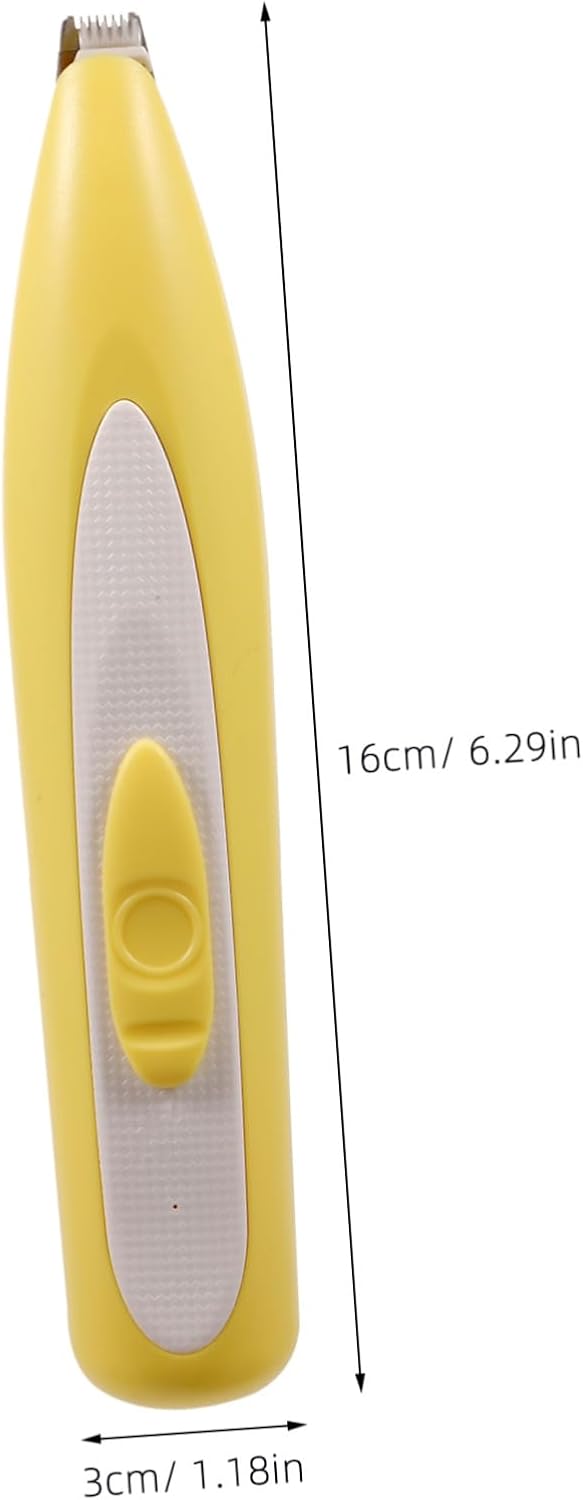 Cordless pet paw hair trimmer showing the small safety cutter head.