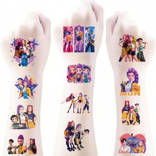 Temporary tattoo sheets featuring various anime and Kpop style graphics