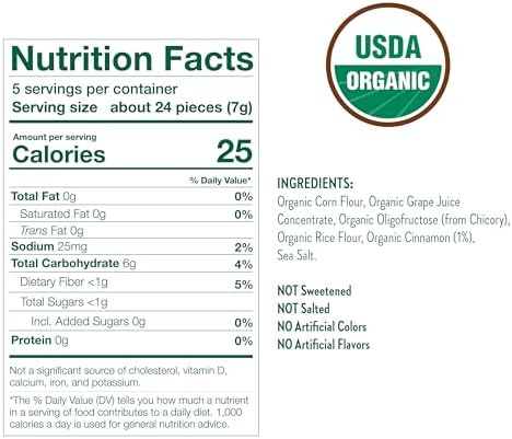 Little Bellies Organic Cinnamon Bun Softcorn nutritional facts and certified organic label.