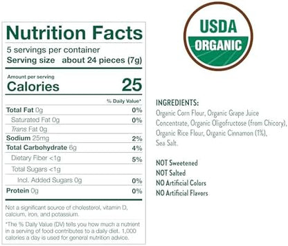 Little Bellies Organic Cinnamon Bun Softcorn nutritional facts and certified organic label.
