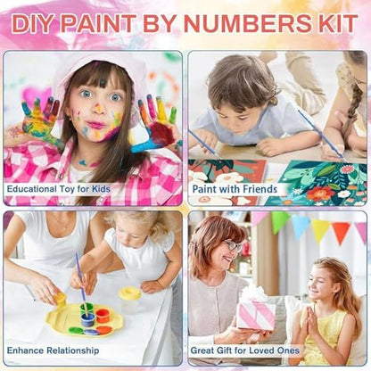 All-inclusive Cviokrdu arts and crafts kit contents including metal hooks, brushes, paints, and four framed flower canvases.
