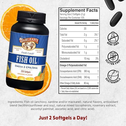 Barlean's Omega 3 Fish Oil 250 Softgels side panel displaying detailed supplement facts and dosage