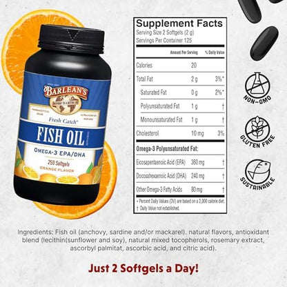 Barlean's Omega 3 Fish Oil 250 Softgels side panel displaying detailed supplement facts and dosage