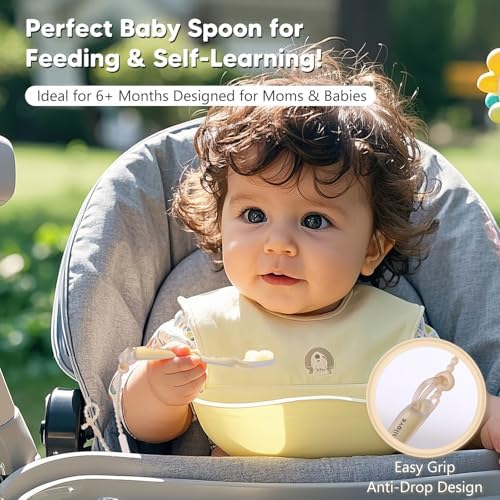 Omnilove food grade silicone infant spoon being used as a soothing teether for independent eating.