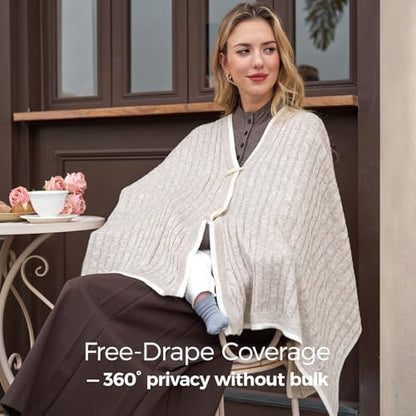 Side profile of mother wearing Momcozy nursing shawl