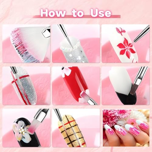 Pink handled nail art brushes and tools in a complete set
