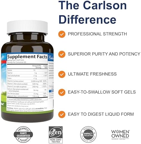 Carlson ACES Plus Zinc cellular health supplement dietary facts label view
