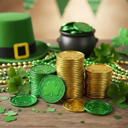 Shining gold and green festive coins filling a holiday themed decorative container.