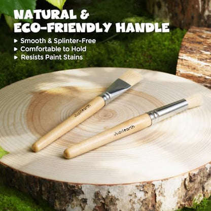 Close up of JUPITEARTH toddler paint brushes highlighting the chunky ergonomic natural wood handles