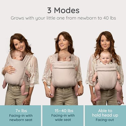 Infantino Honey Blossom carrier showing ergonomic M-position for baby