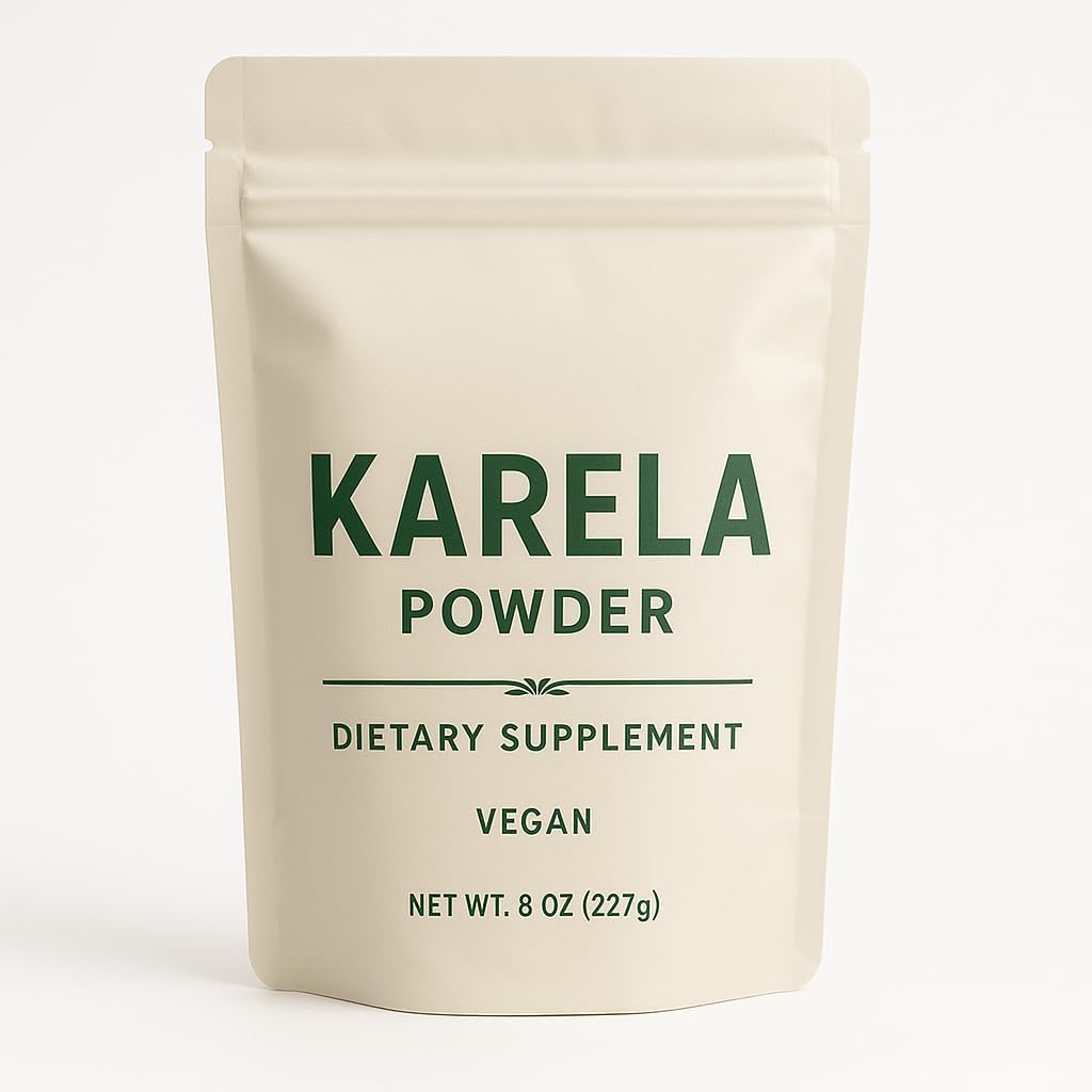 Minature Bitter Melon Karela Powder front view of product packaging for dietary supplement.