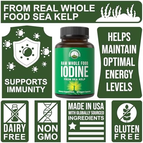 Side angle view of USA imported Peak Performance whole food iodine vegan capsules