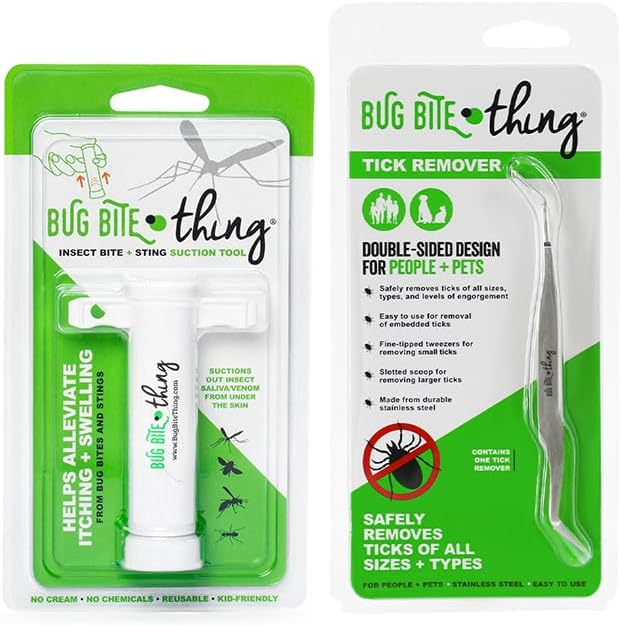 Bug Bite Thing Suction Tool and Tick Remover Combo Pack front view showing white extraction pump and stainless steel tool