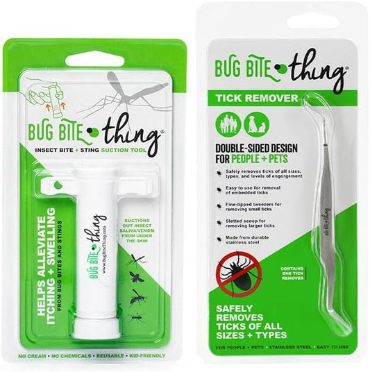Bug Bite Thing Suction Tool and Tick Remover Combo Pack front view showing white extraction pump and stainless steel tool