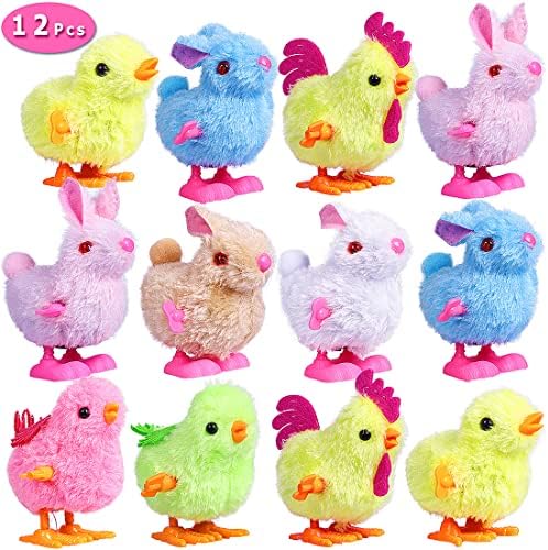 Twelve piece mechanical bunny and chicken party favors standing on a flat surface