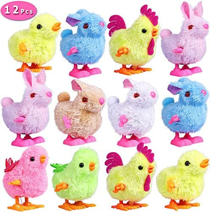 Twelve piece mechanical bunny and chicken party favors standing on a flat surface