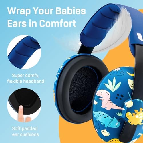 Side view of toddler wearing Vanderfields dinosaur ear protection