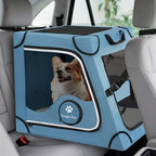 Snagle Paw metal frame pet carrier secured to car back seat with seatbelt