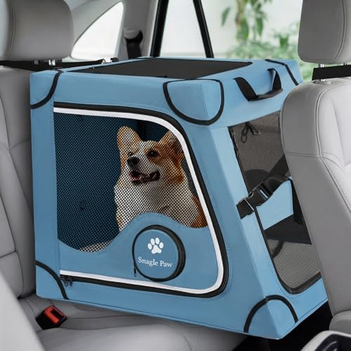 Snagle Paw metal frame pet carrier secured to car back seat with seatbelt