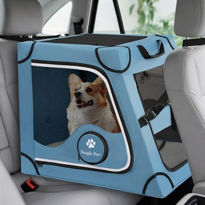 Snagle Paw metal frame pet carrier secured to car back seat with seatbelt
