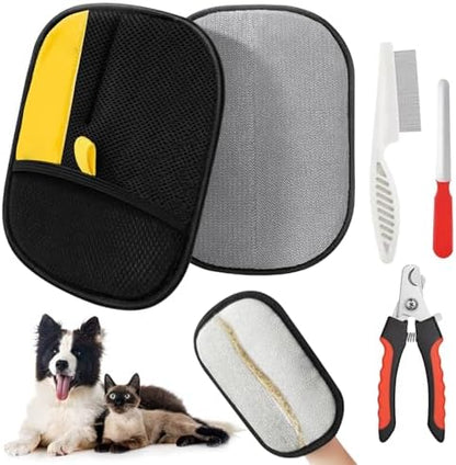 Black and yellow electrostatic pet hair remover glove being used on a dog