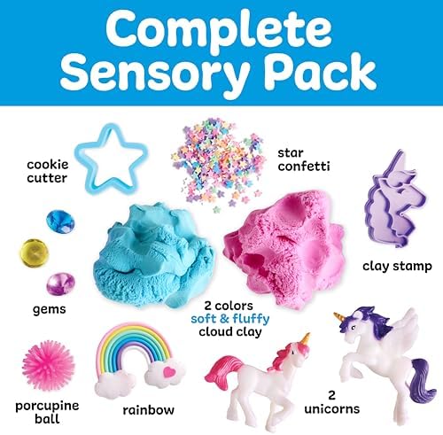 Toddler playing with unicorn cloud clay and sensory figurines