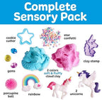 Toddler playing with unicorn cloud clay and sensory figurines