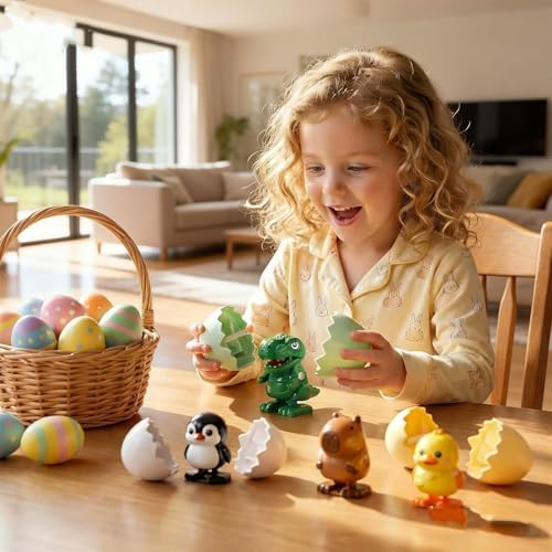 Four piece set of non toxic ABS plastic surprise hatching eggs in vibrant kid friendly colors