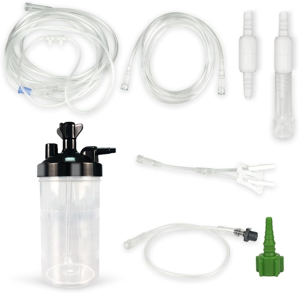 Generic Oxygen Humidifier Bottle Set front view 11 piece complete respiratory kit.