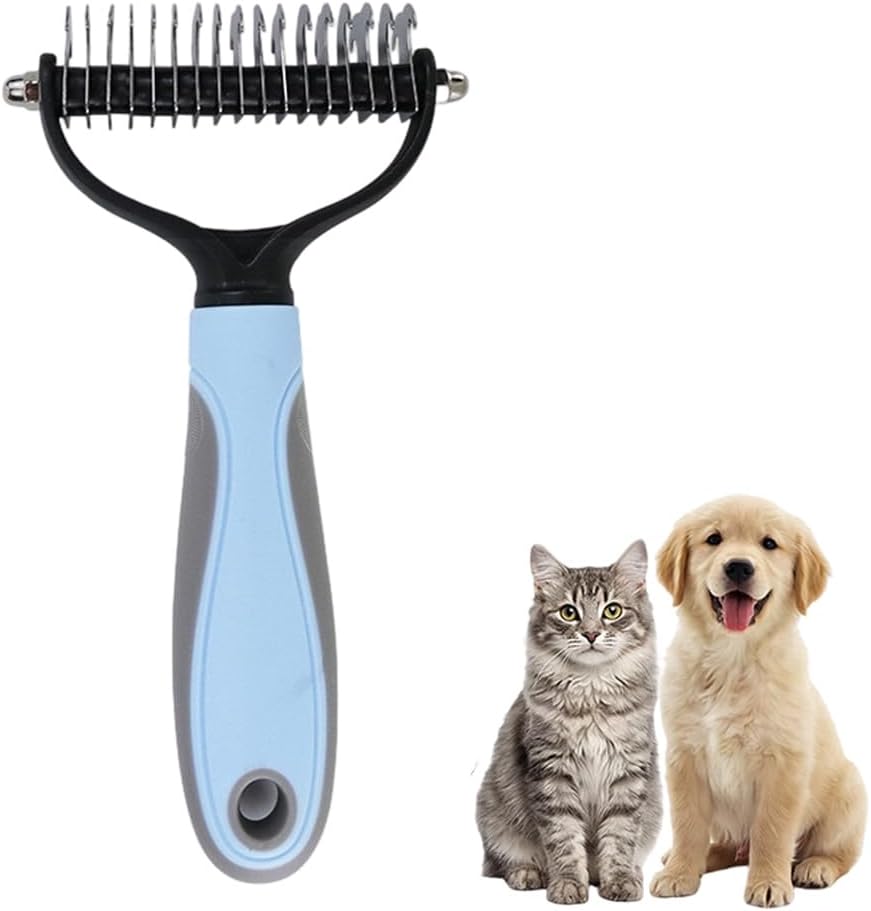Foodie Puppies dual sided dematting comb front view showing blue ergonomic handle.