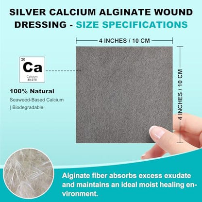 Authentic USA imported silver calcium alginate dressing pack demonstrating the soft non woven material.